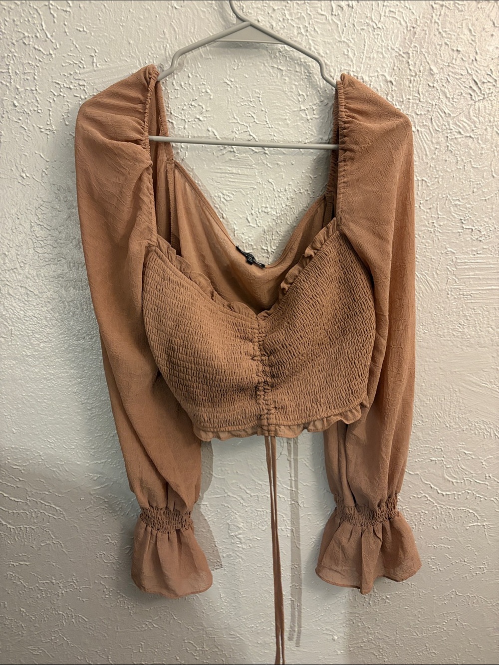 Fashion Nova Rust Tie-Front Shirred Long-Sleeve Crop Top